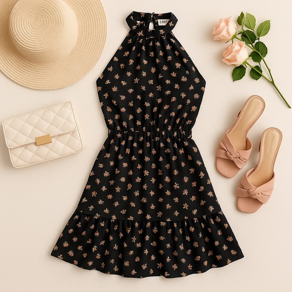 Aritzia Wilfred XXS Black Floral Halter Mini Dress Fairycore Coquette Chic Aline - Picture 3 of 10